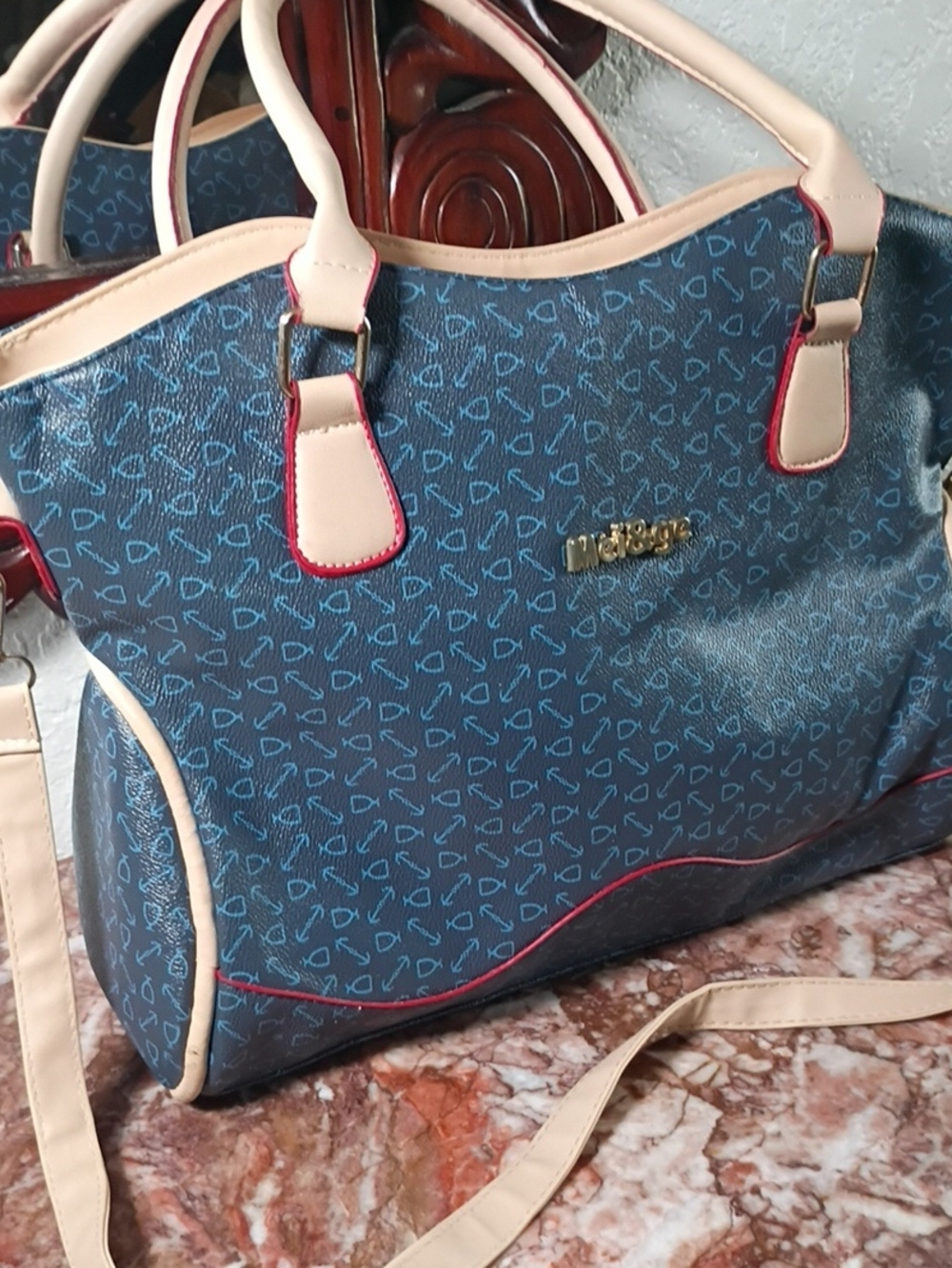 Navy Patterned Tote with Cream Trim and Red Accents